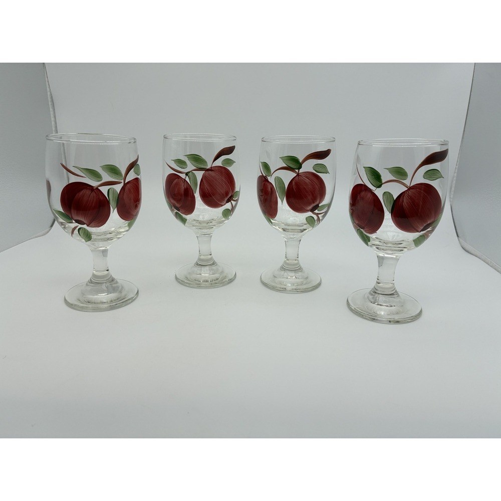 Vintage Hand Painted Apple Wine Glasses Set of 4 Red Fruit Motif Goblets